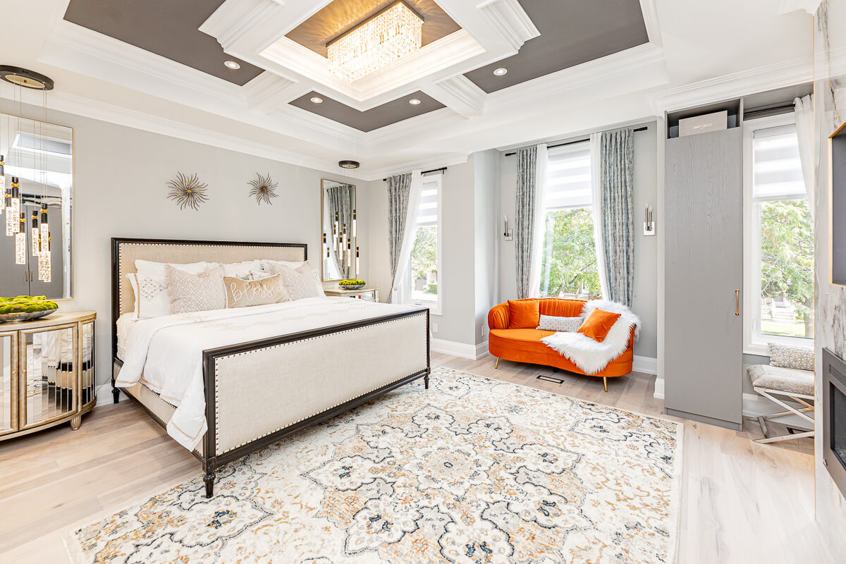 master bedroom with chandelier elegant interior Toronto real estate photography