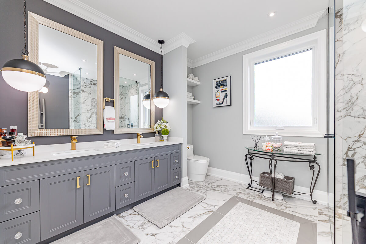 modern bathroom double vanity marble tile Toronto real estate photography