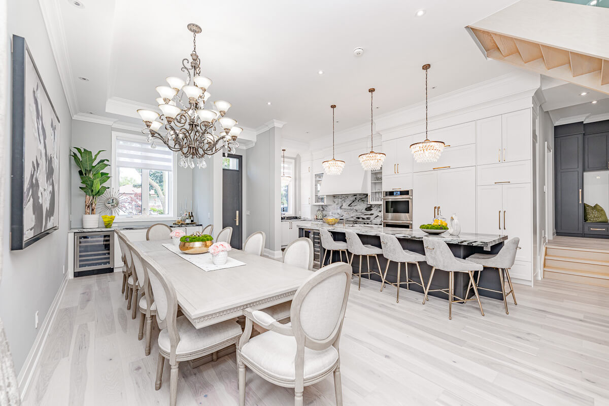 open concept dining and kitchen marble island Toronto real estate photography