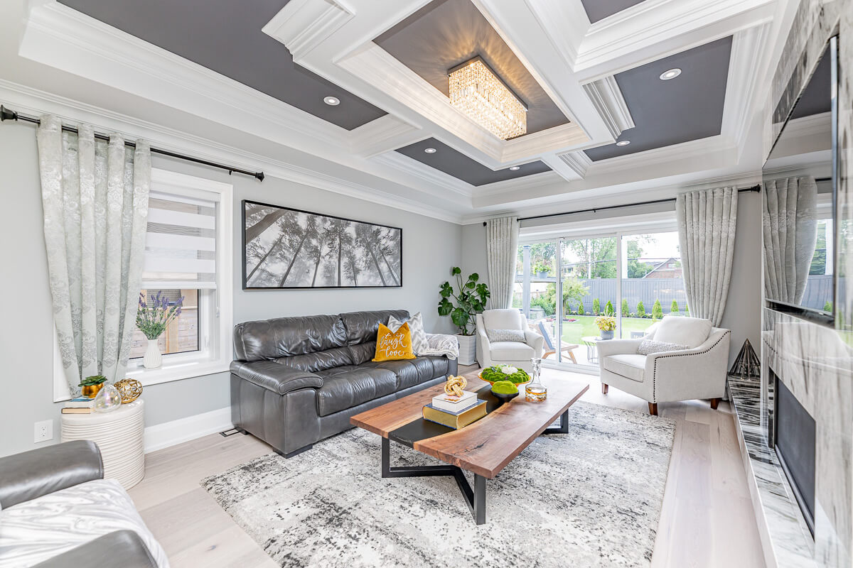 modern living room fireplace large windows Toronto real estate photography