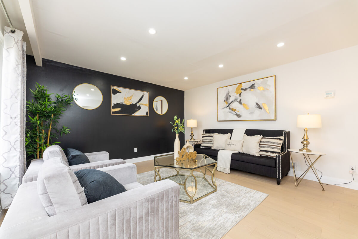 Modern living room with black accent wall and decor, home staging photography Toronto