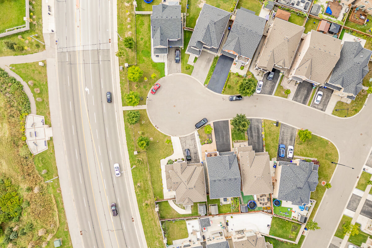 Top down aerial view of residential street and houses, drone real estate photography Toronto