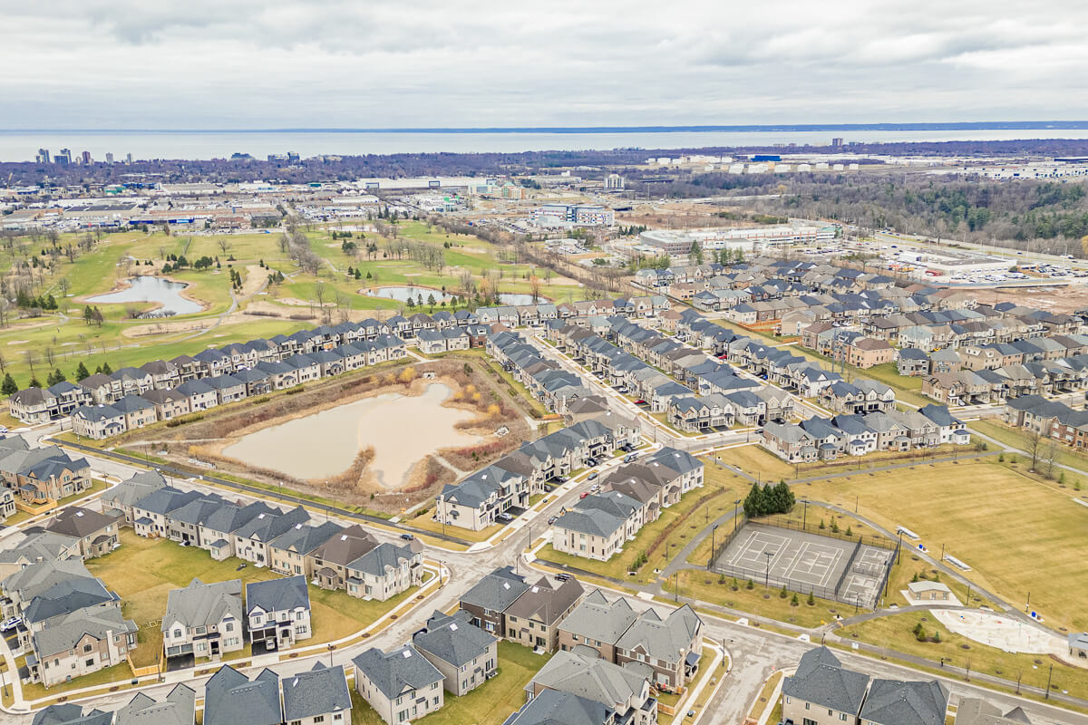Aerial view of residential area near park and lake, real estate drone photography GTA
