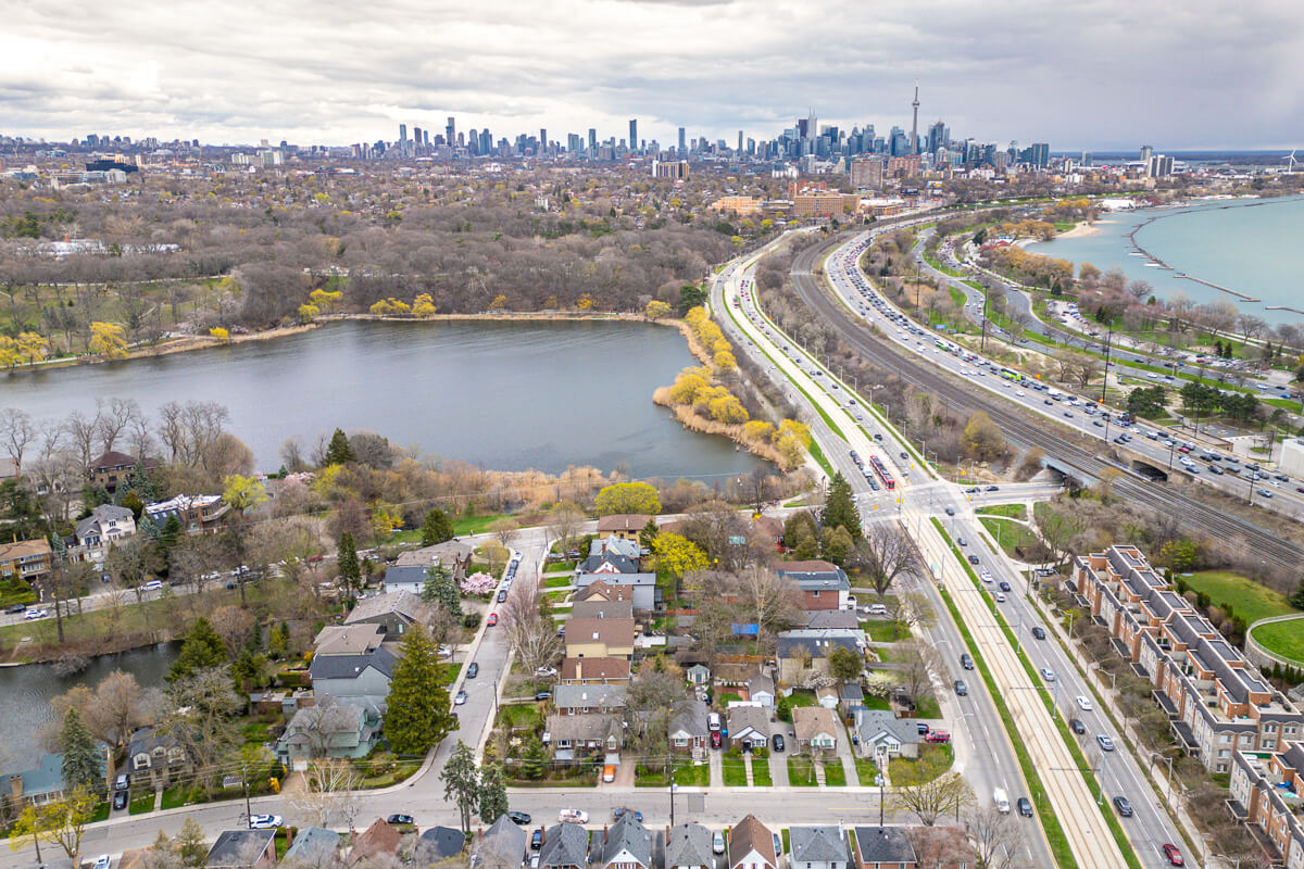 Aerial view of Toronto skyline with lake and residential neighbourhood, drone photography Toronto
