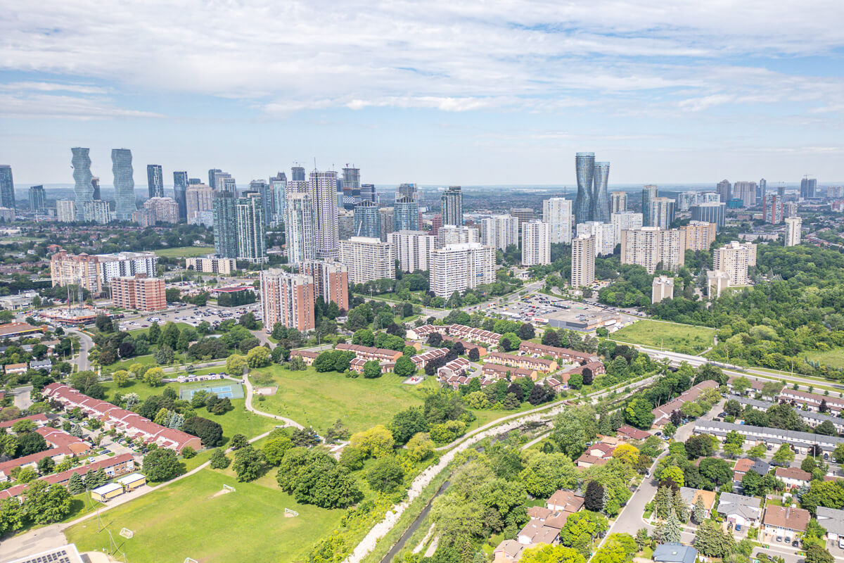 Aerial view of suburban houses with ponds and greenery, drone real estate photography GTA