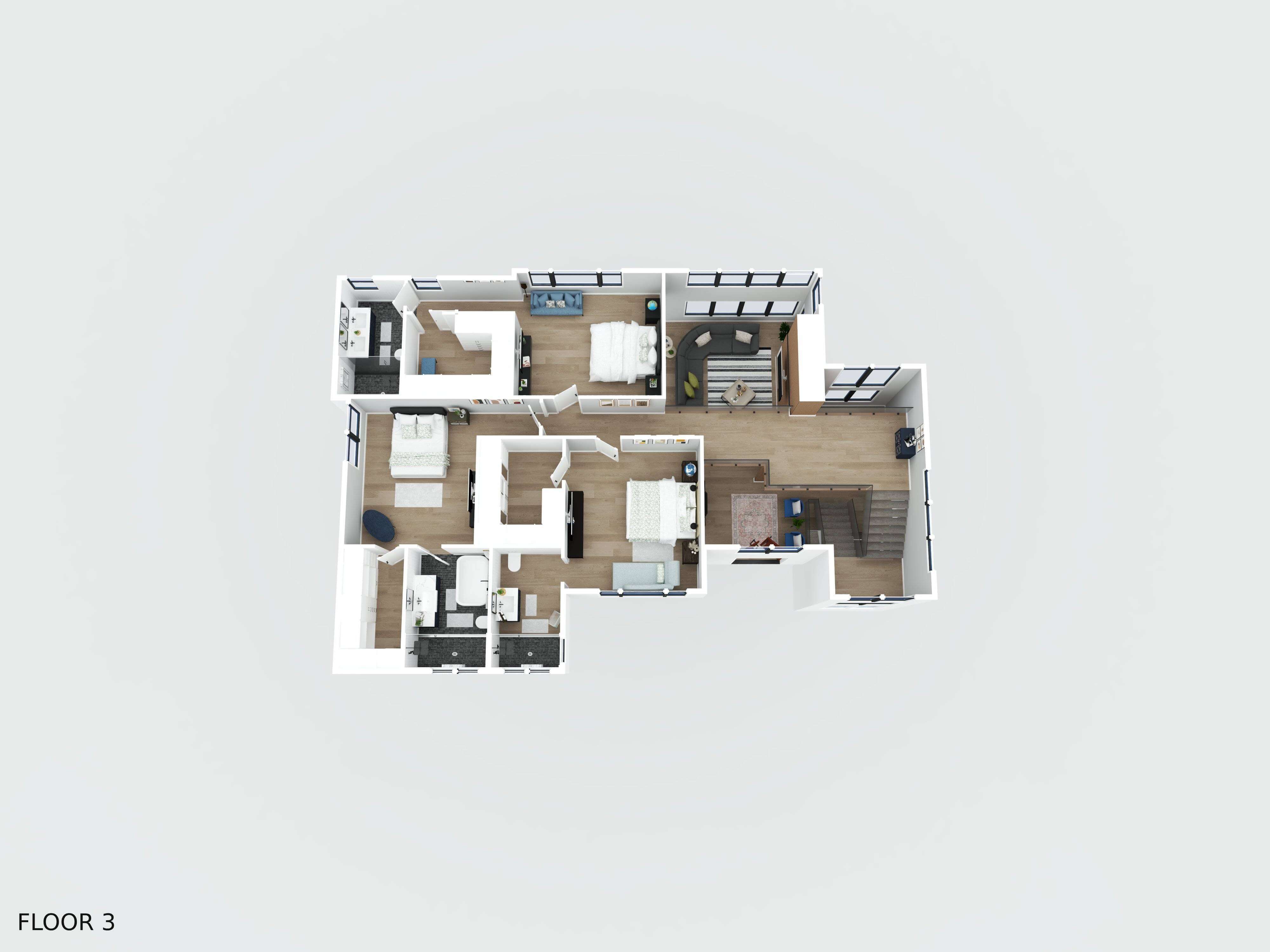 3D floor plan second floor in North York Toronto showing bedrooms and layout, real estate 3D floor plan North York