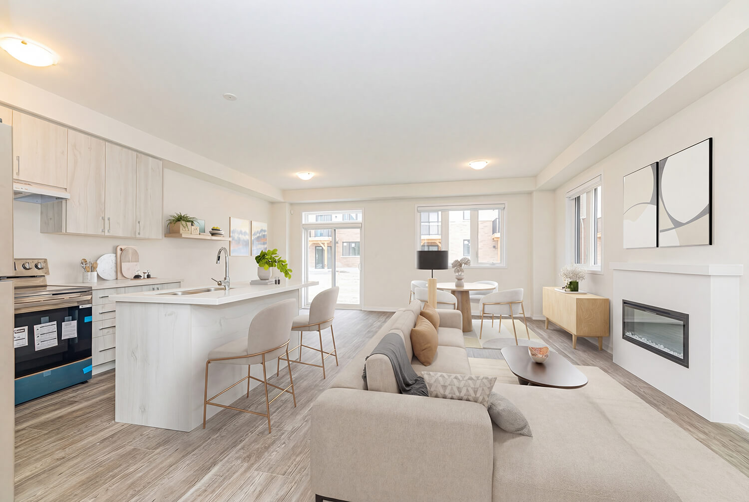 Virtually staged open concept home in North York with furnished living room and dining area