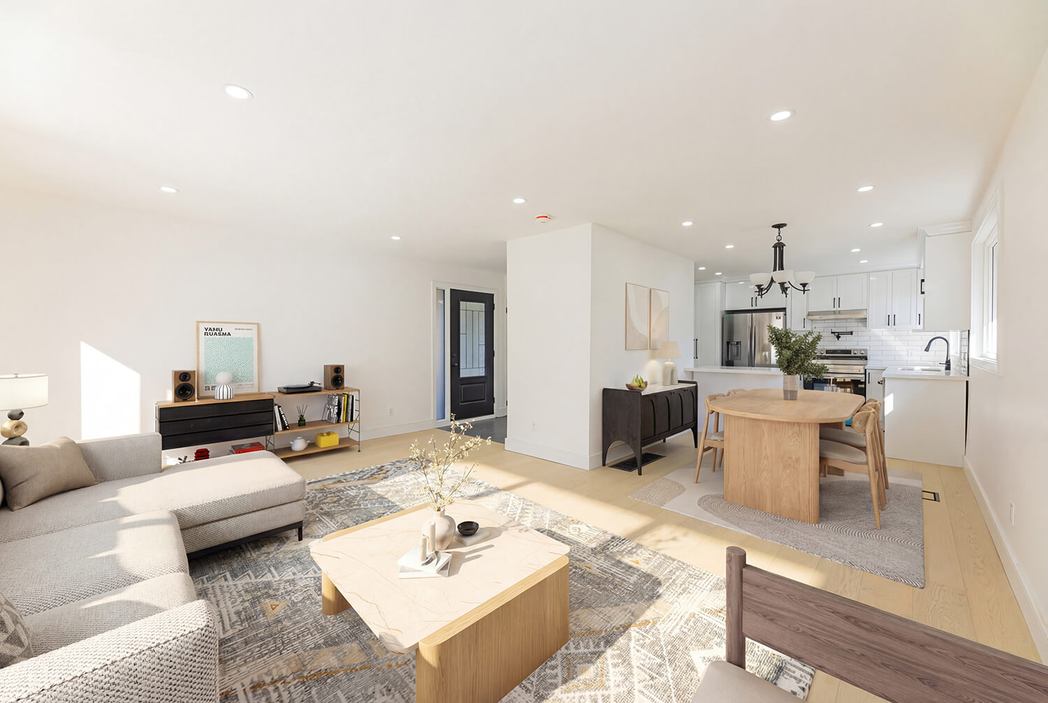 Virtually staged basement living room in Scarborough with sofa, dining table and modern decor