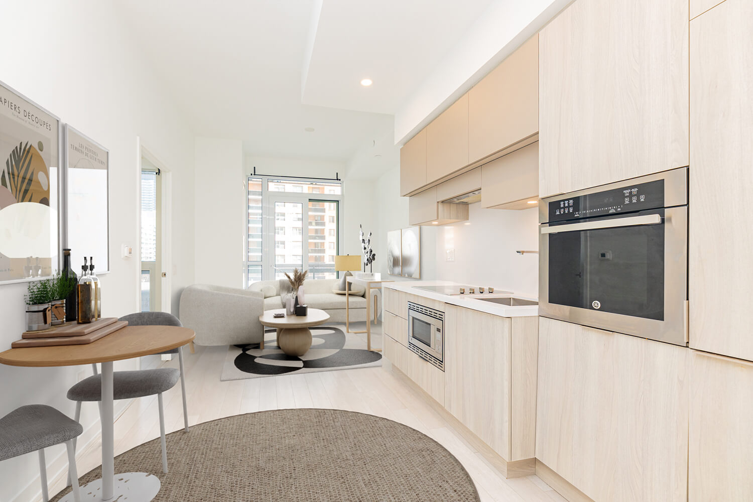 Virtually staged living room in Toronto condo with modern furniture, sofa and decor