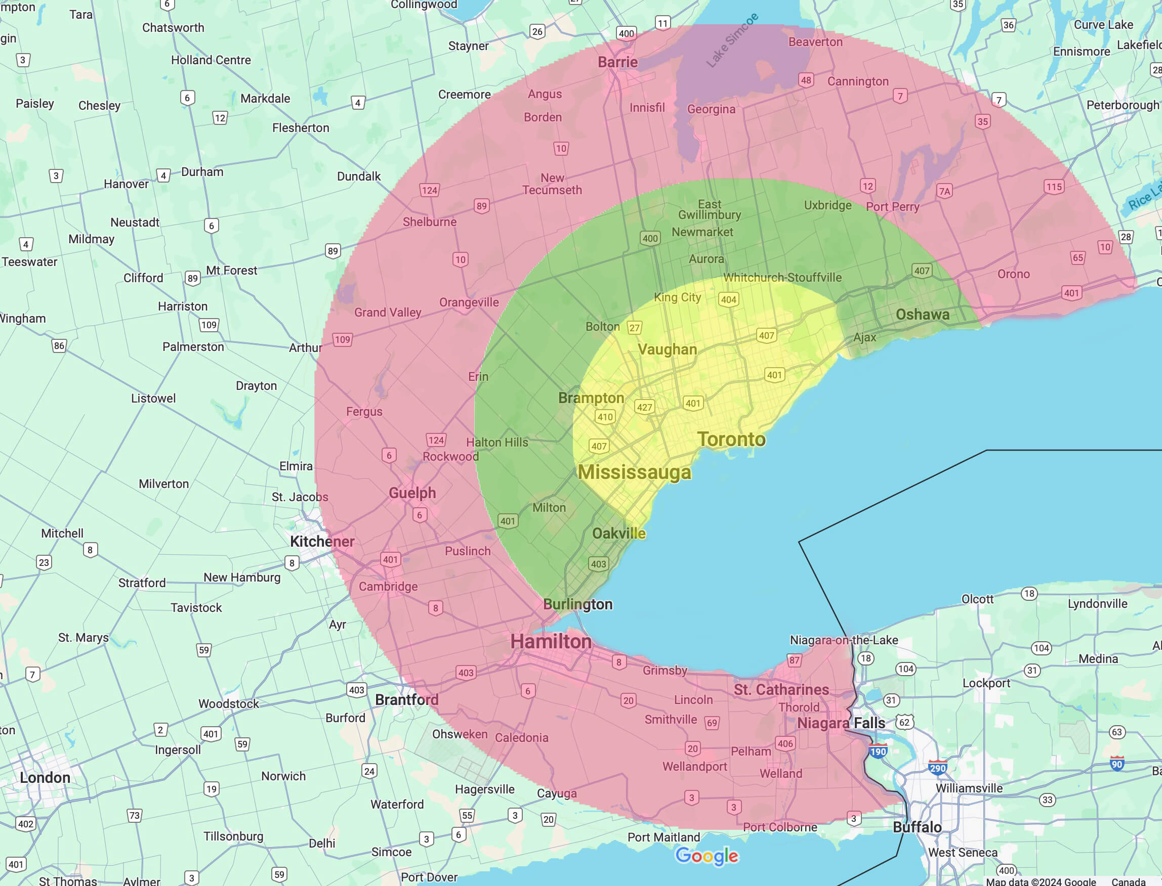 Travel fee map for real estate photography services in Toronto and GTA